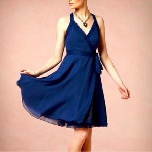 Va Et Vien BHLDN Wrap Dress Blue Silk Wingspan V Neck Lace Details Size 6